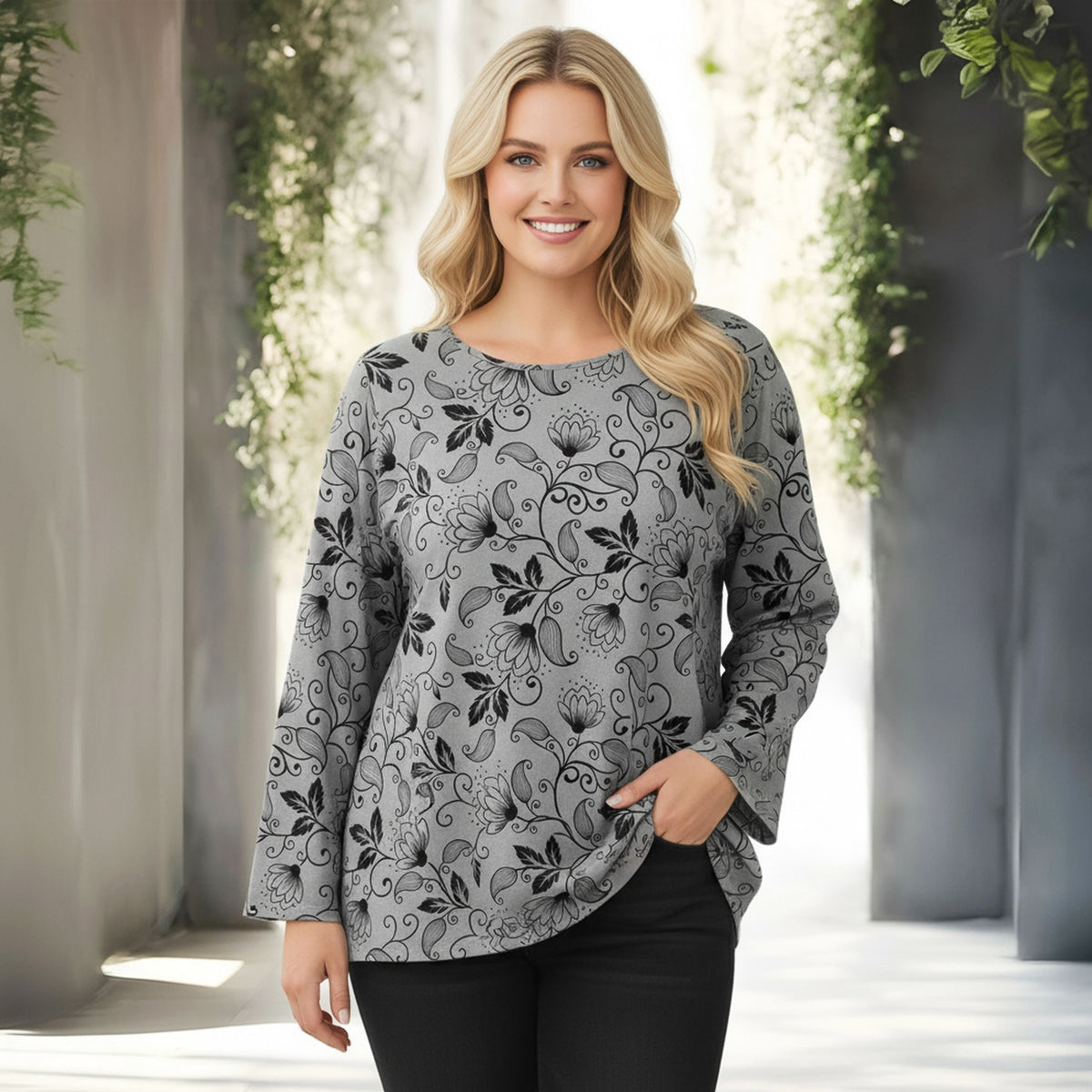 Long Sleeve Round Neck Tunic - Floral