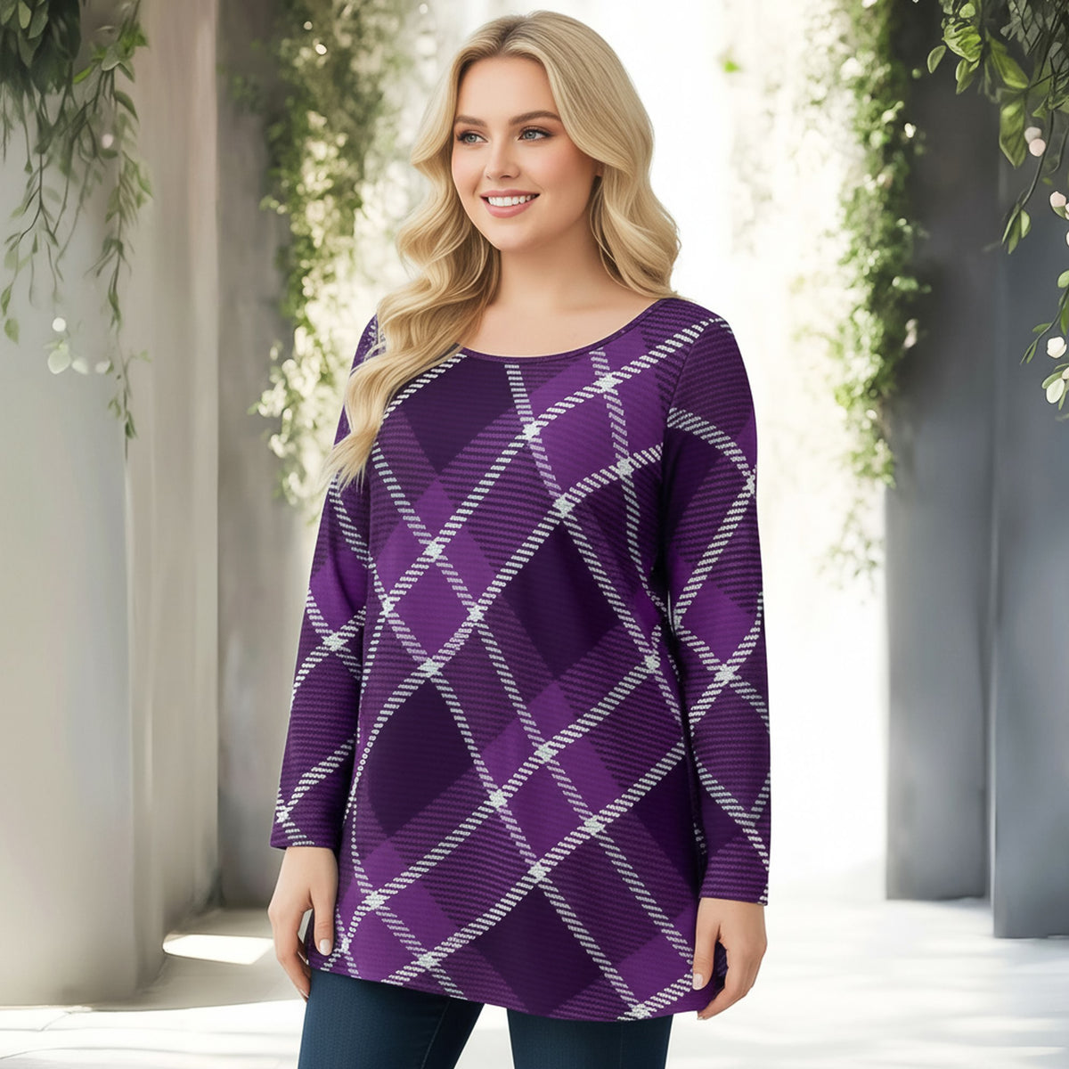 Long Sleeve Round Neck Tunic - Plaid