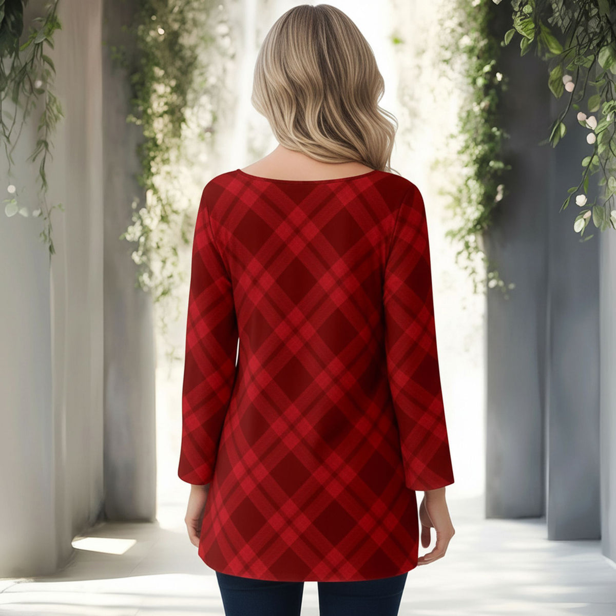 Long Sleeve Round Neck Tunic - Plaid