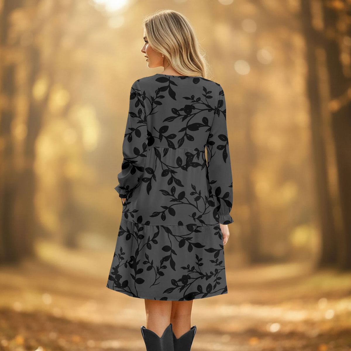 Long Sleeve Ruffle Cuff Tiered Dress with Pockets - Floral