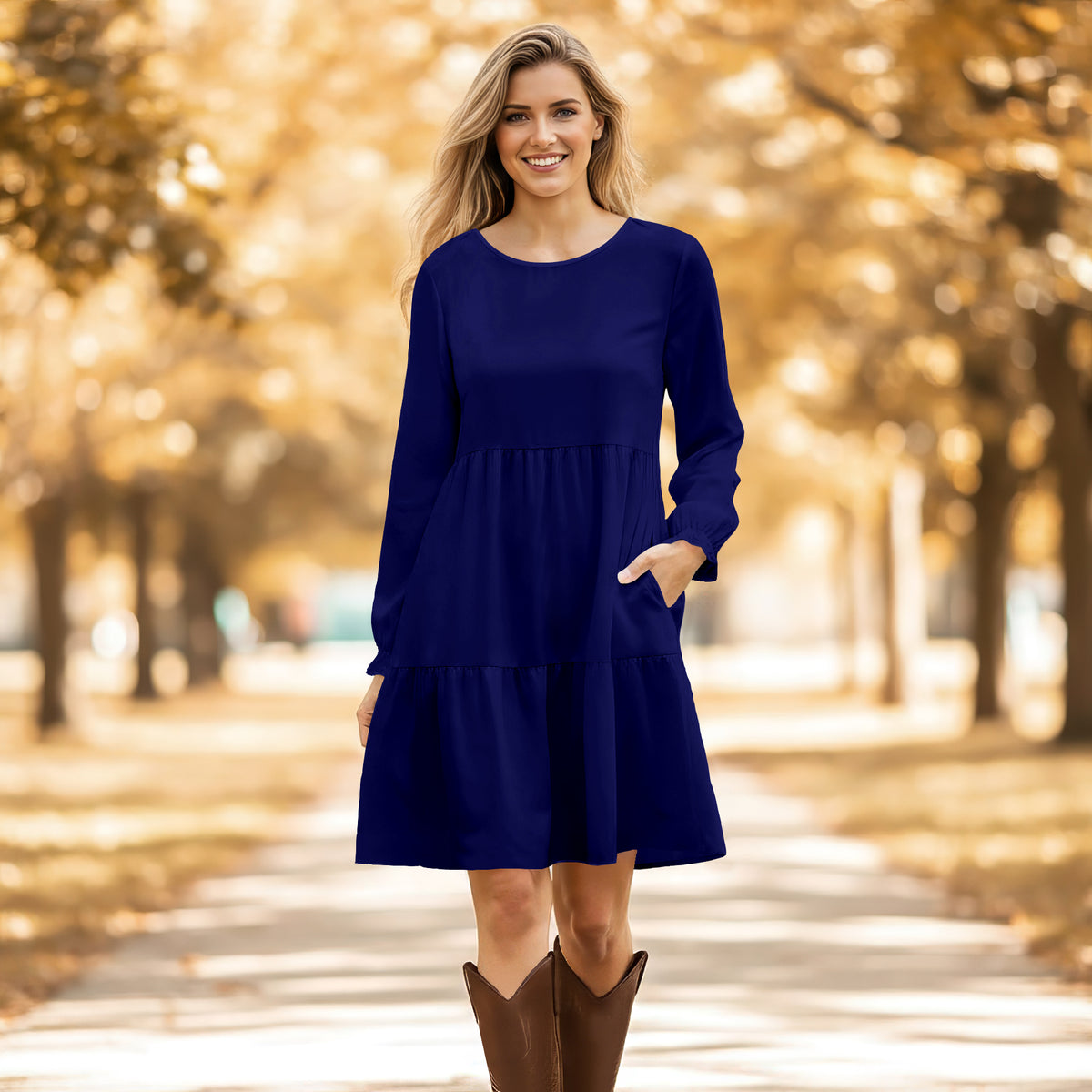 Long Sleeve Ruffle Cuff Tiered Dress with Pockets