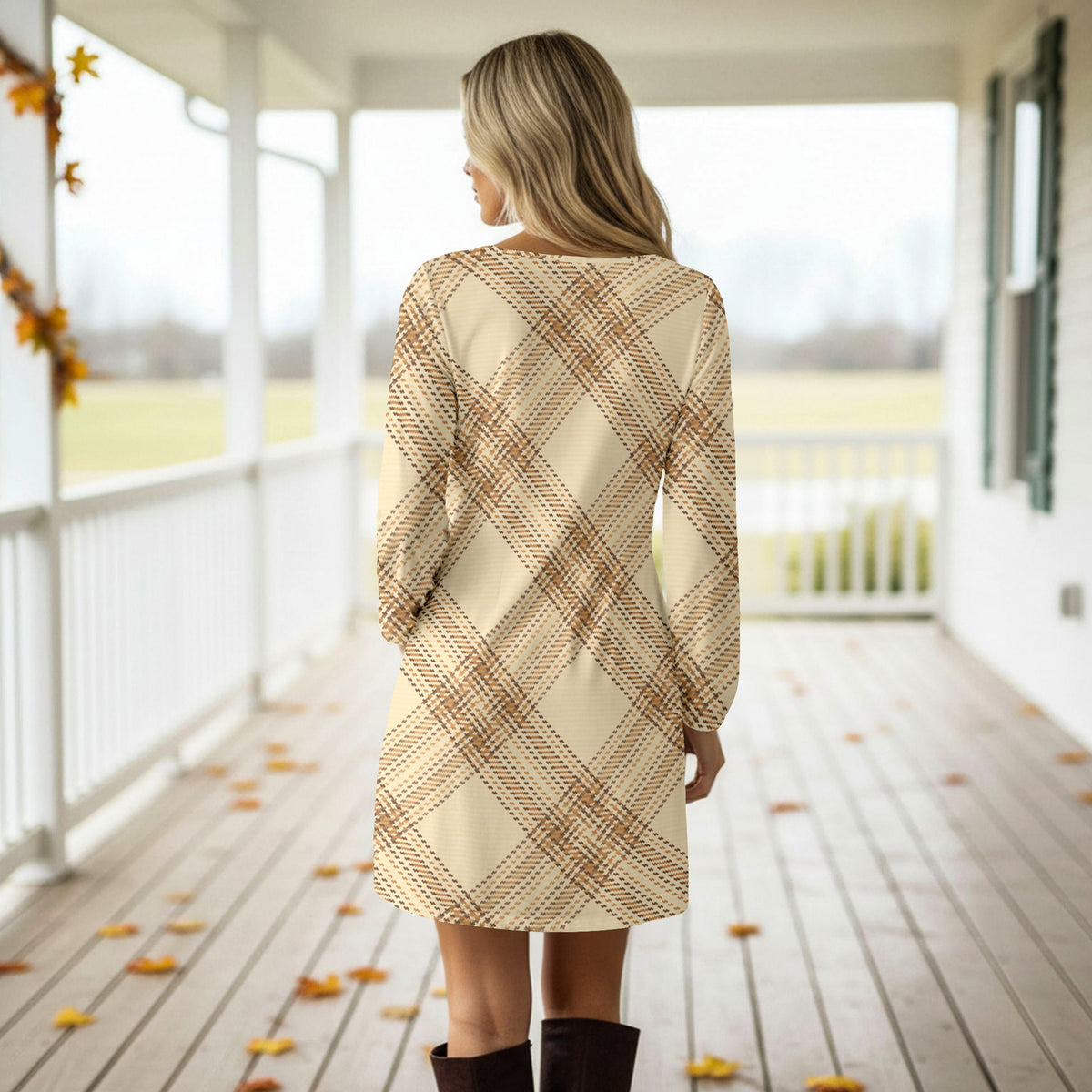 Long Sleeve Front Tie-Waist Dress - Plaid