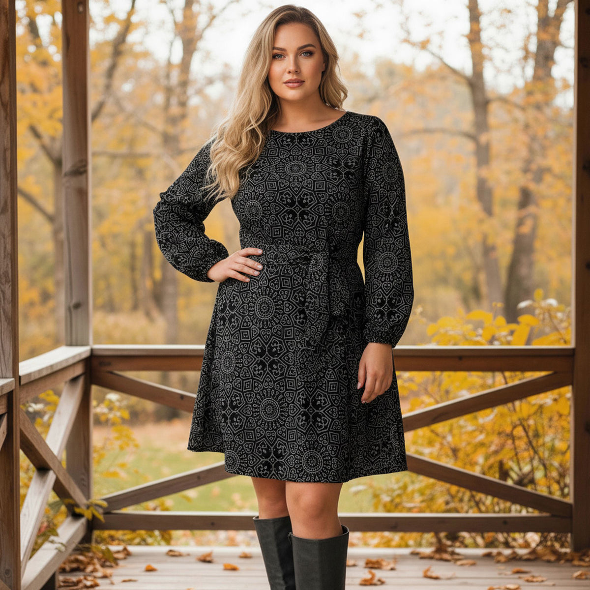 Long Sleeve Front Tie-Waist Dress - Mandala