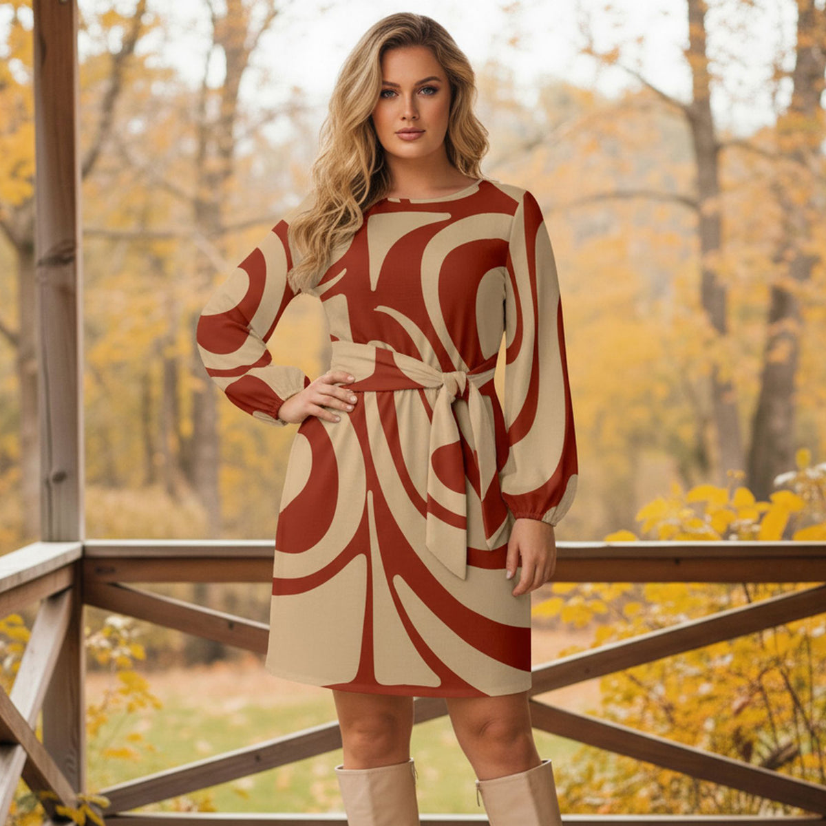 Long Sleeve Front Tie-Waist Dress - Abstract
