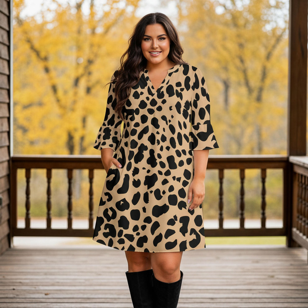 Notch Neck 3/4 Sleeve Ruffle Cuff Shift Dress with Pockets - Animal Print