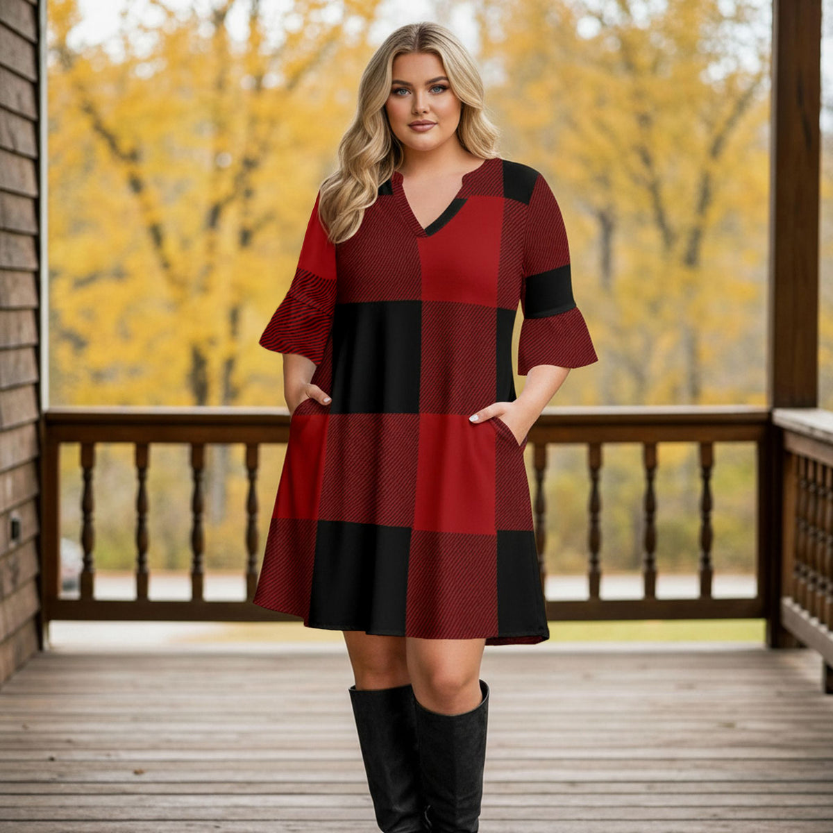 Notch Neck 3/4 Sleeve Ruffle Cuff Shift Dress with Pockets - Plaid