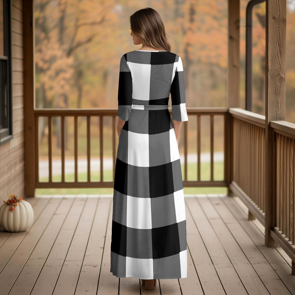 Three Quarter Sleeve Tie-Waist Wrap Maxi Dress - Plaid