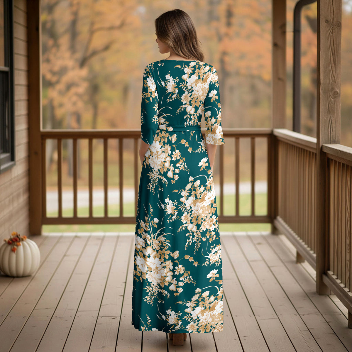 Three Quarter Sleeve Tie-Waist Wrap Maxi Dress - Floral