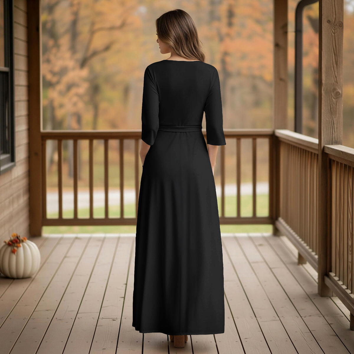 Three Quarter Sleeve Tie-Waist Wrap Maxi Dress