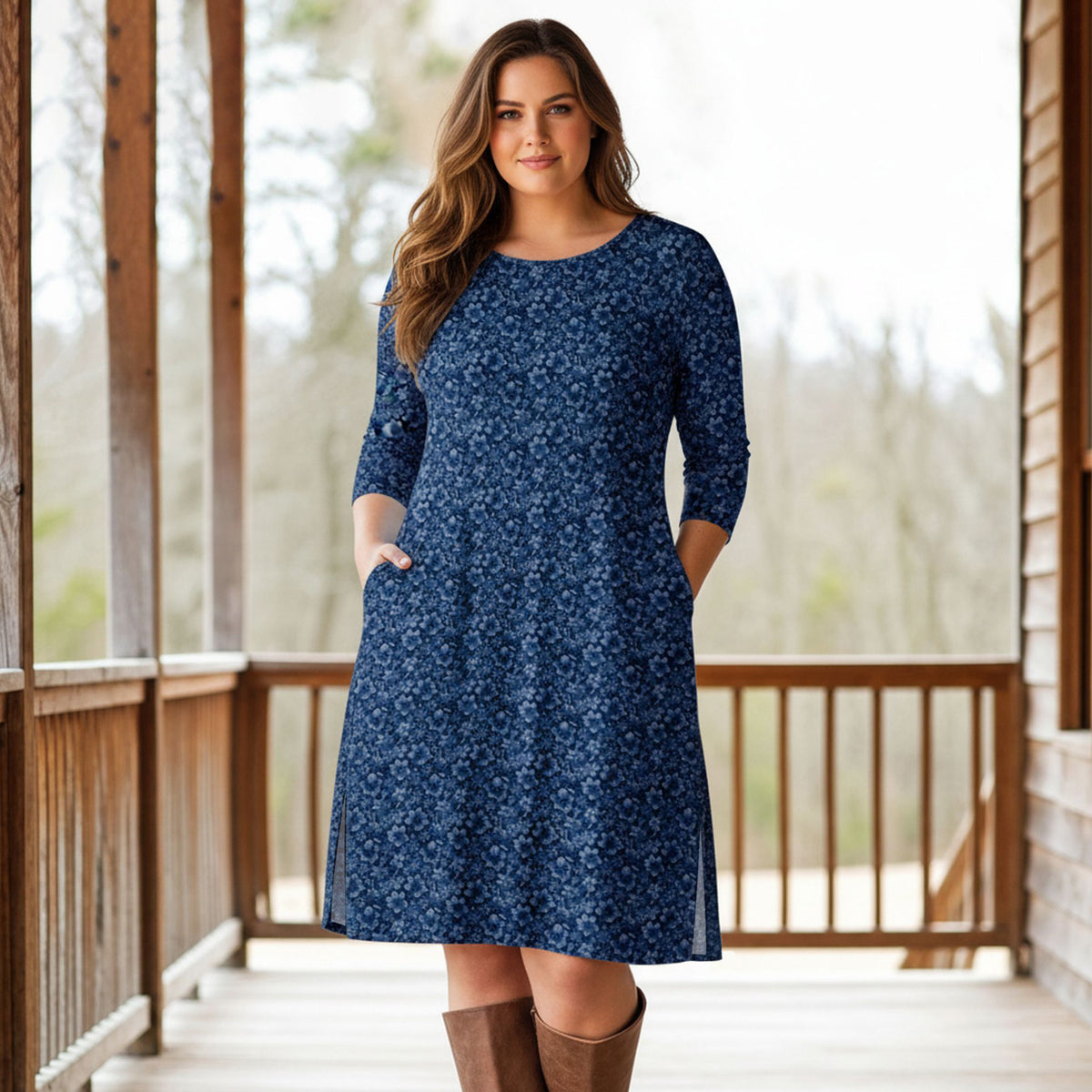 Three Quarter Sleeve A-Line Dress with Side Slits and Pockets - Floral