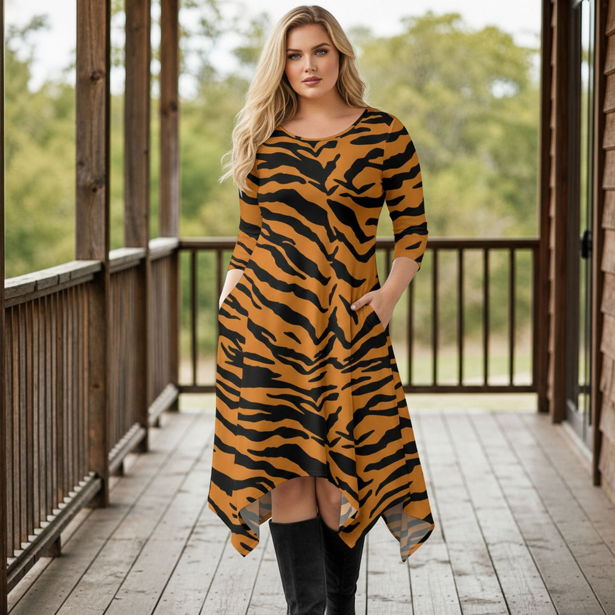 Three Quarter Sleeve Midi Dress with Pockets - Animal Print