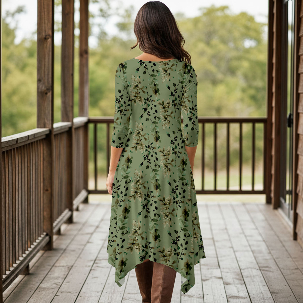 Three Quarter Sleeve Midi Dress with Pockets - Floral