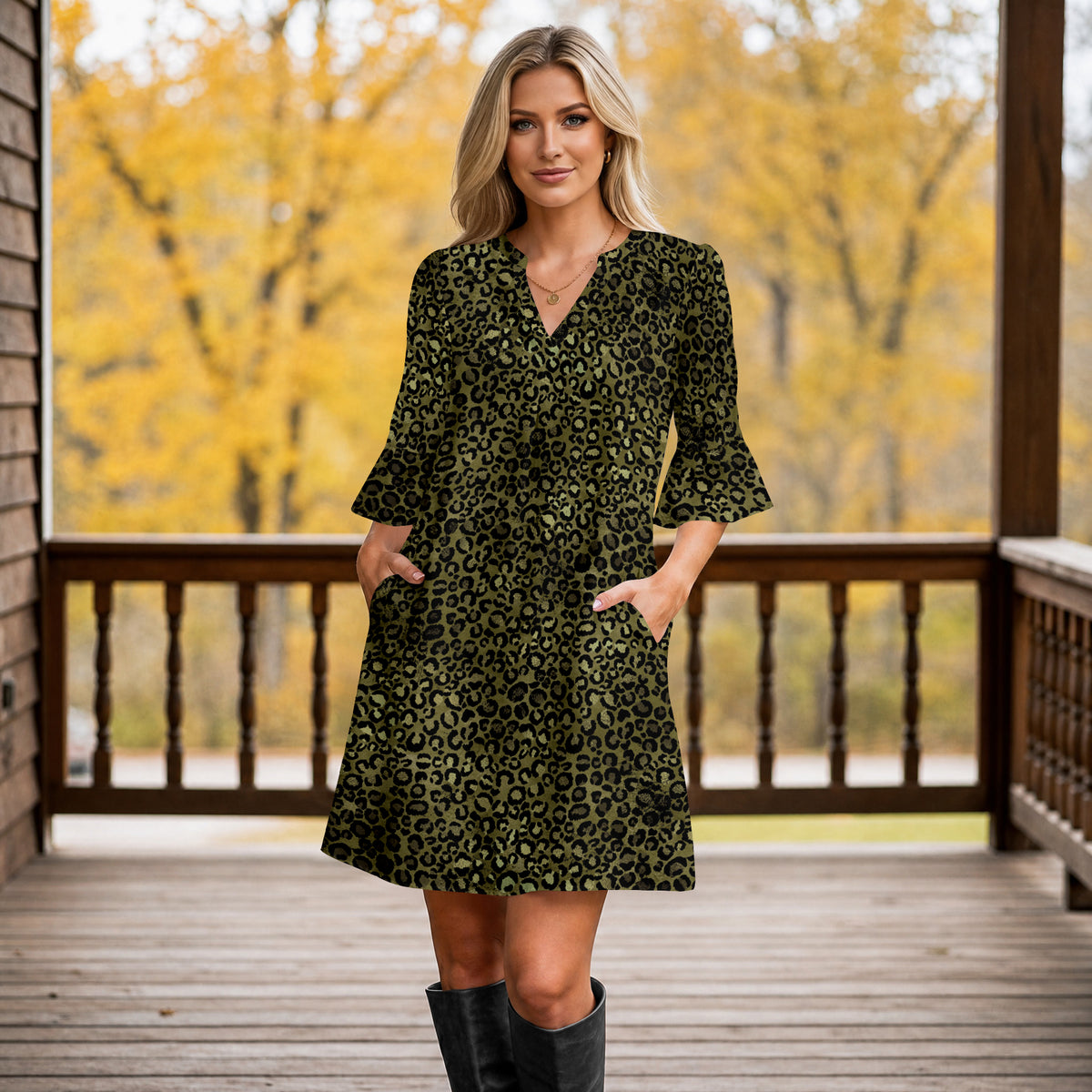 Notch Neck 3/4 Sleeve Ruffle Cuff Shift Dress with Pockets - Animal Print