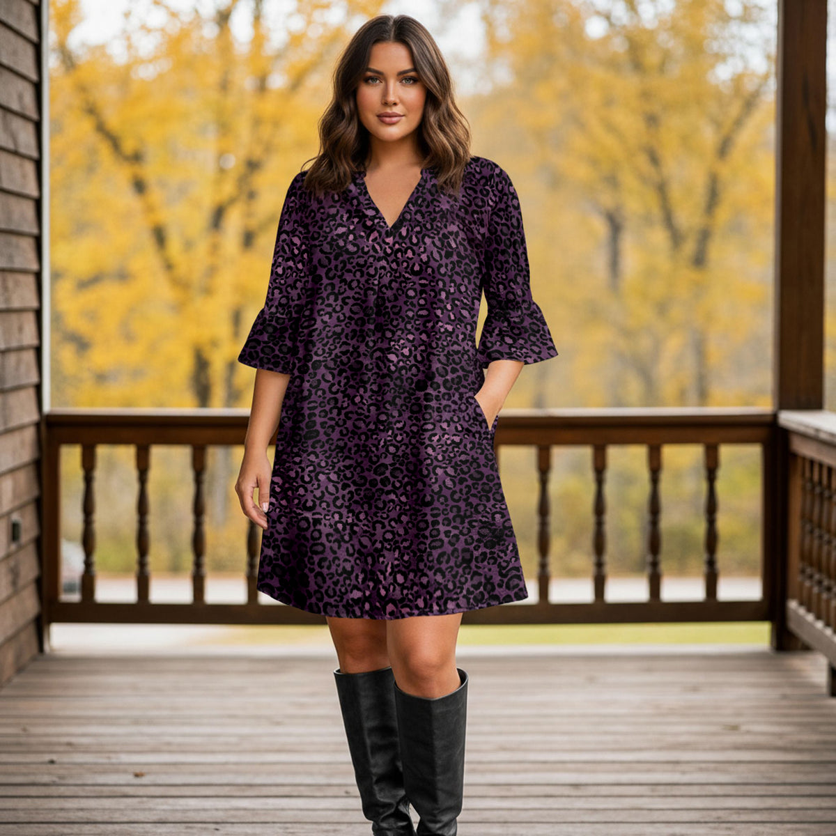 Notch Neck 3/4 Sleeve Ruffle Cuff Shift Dress with Pockets - Animal Print