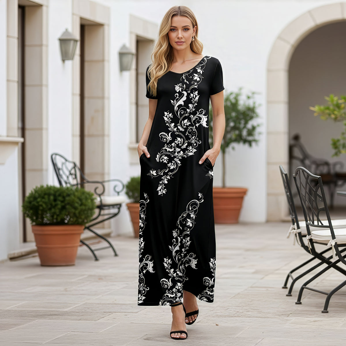 Short Sleeve Maxi Dress with Pockets - Filigree