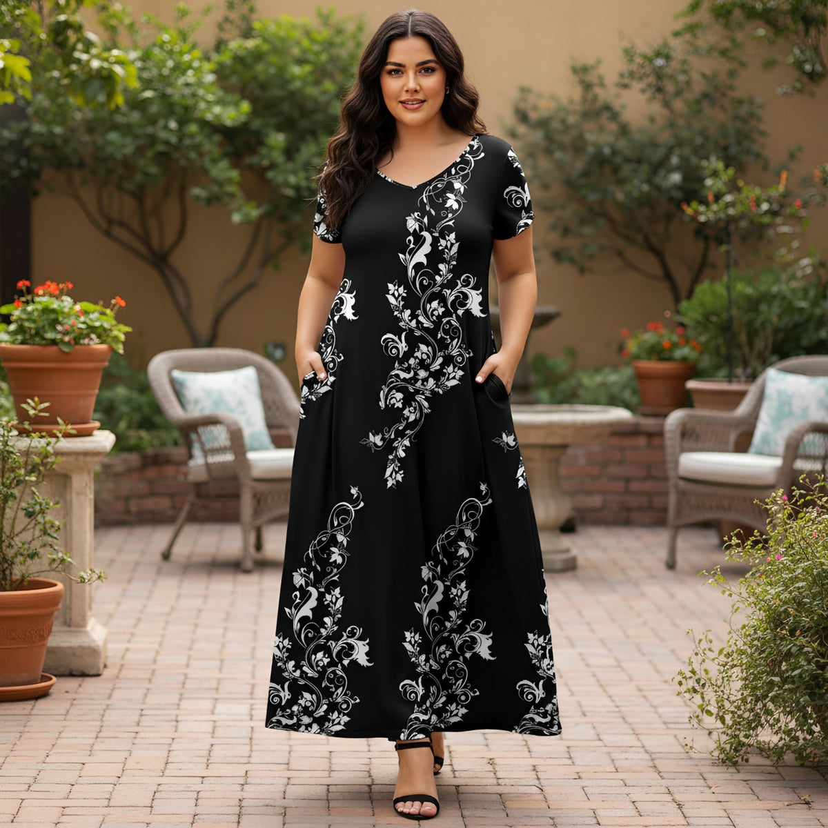 Short Sleeve Maxi Dress with Pockets - Filigree