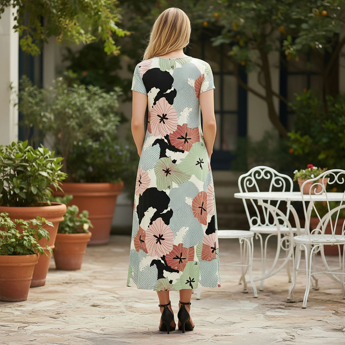 Short Sleeve Maxi Dress with Pockets - Abstract