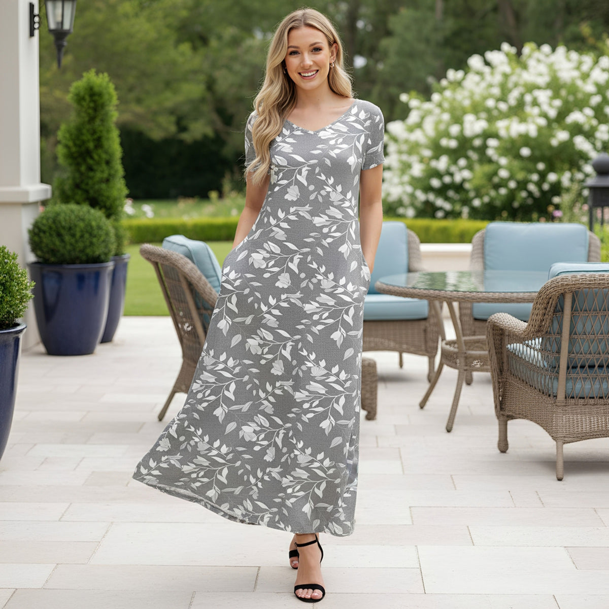 Short Sleeve Maxi Dress with Pockets - Floral