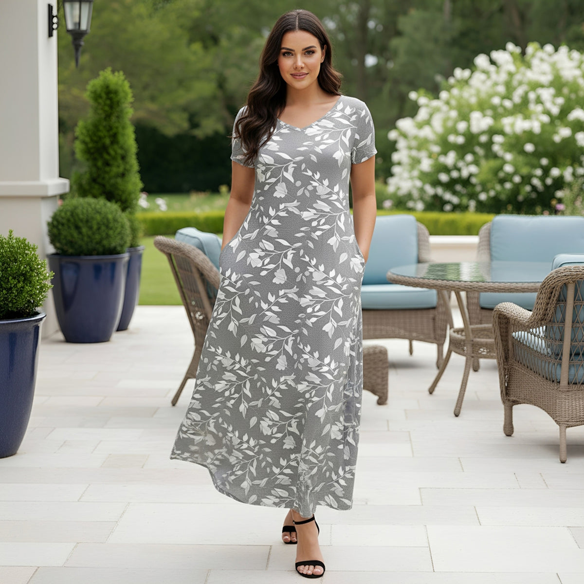 Short Sleeve Maxi Dress with Pockets - Floral