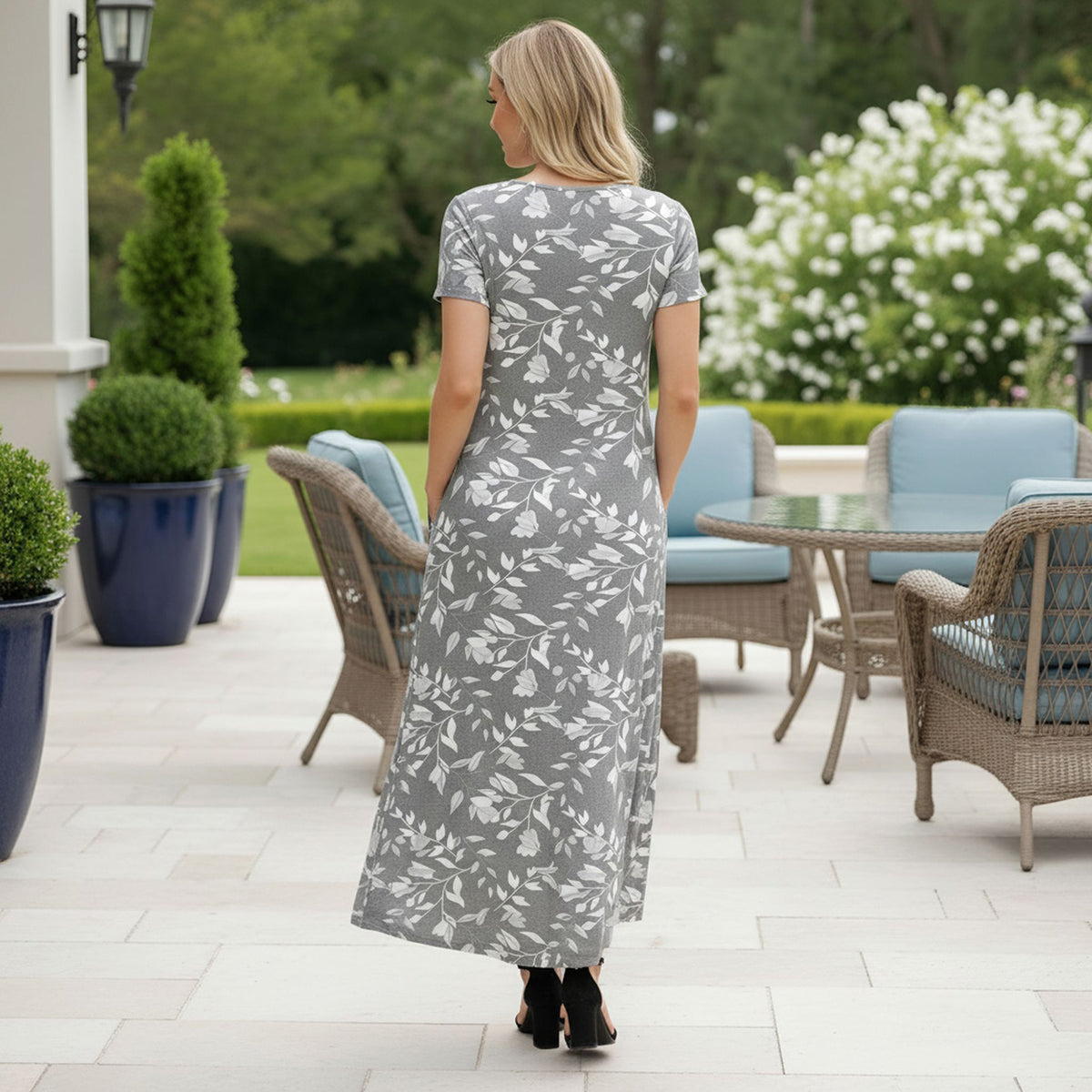 Short Sleeve Maxi Dress with Pockets - Floral