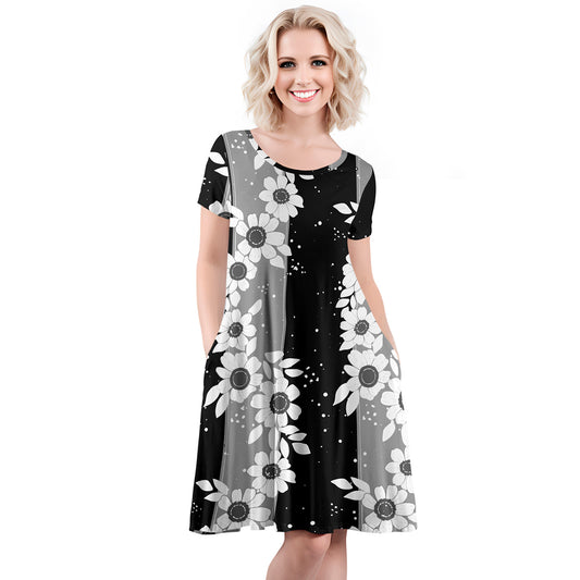Short Sleeve Swing Dress with Pockets - Floral