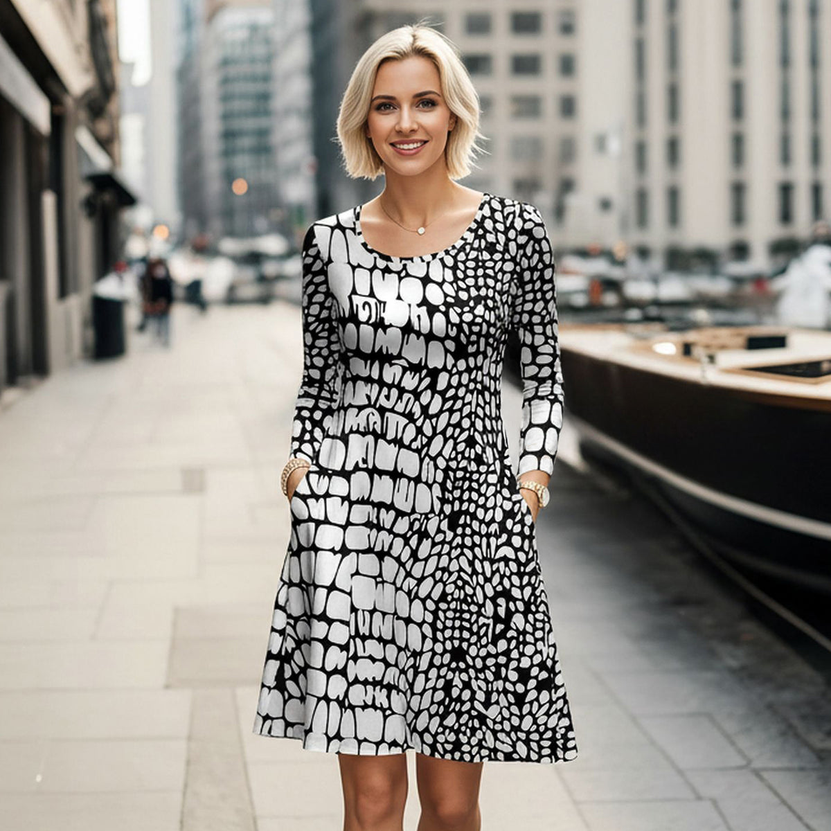 Long Sleeve Swing Dress with Pockets - Abstract