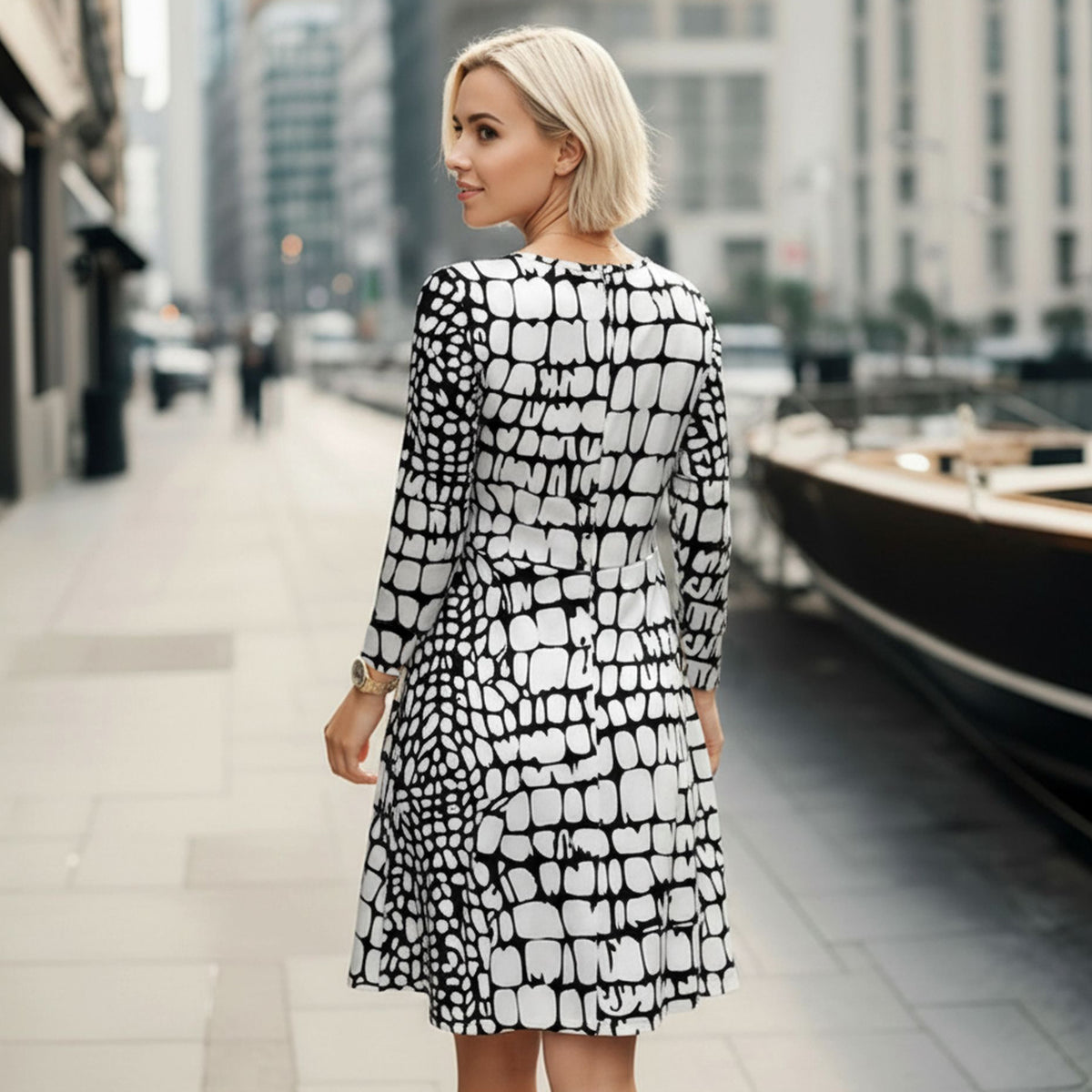 Long Sleeve Swing Dress with Pockets - Abstract