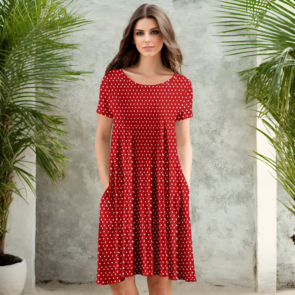 Short Sleeve Swing Dress with Pockets - Polka Dots