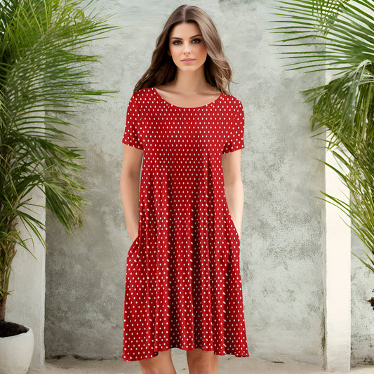 Short Sleeve Swing Dress with Pockets - Polka Dots