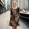 Long Sleeve Swing Dress with Pockets - Mixed Animal Print