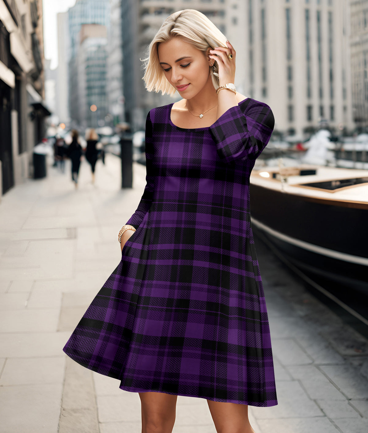Long Sleeve Swing Dress with Pockets - Plaid