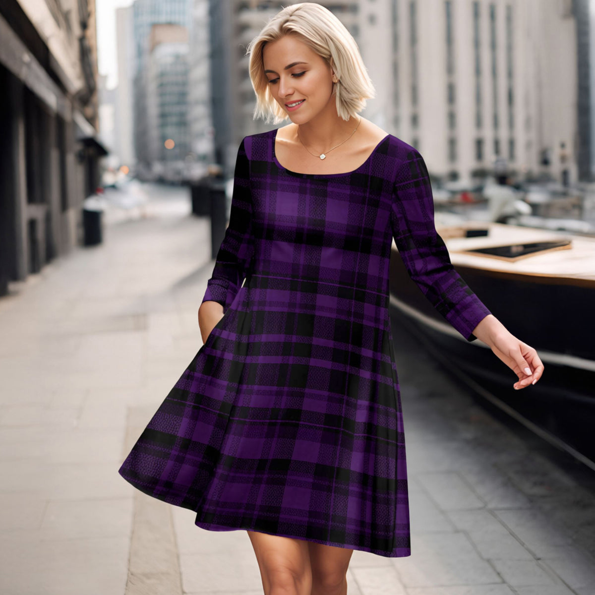 Long Sleeve Swing Dress with Pockets - Plaid