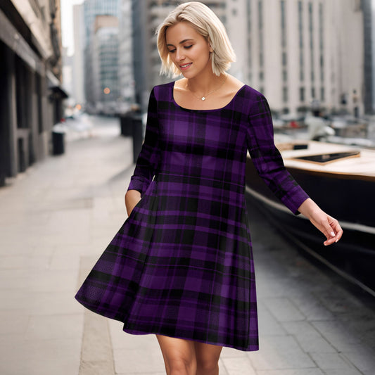 Long Sleeve Swing Dress with Pockets - Plaid
