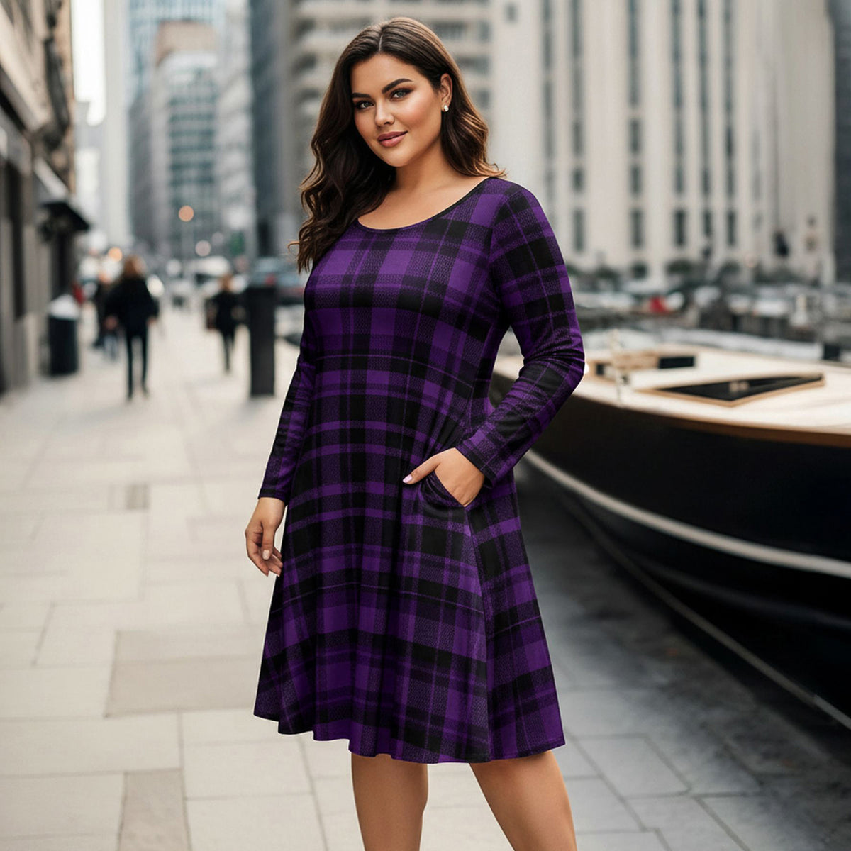 Long Sleeve Swing Dress with Pockets - Plaid