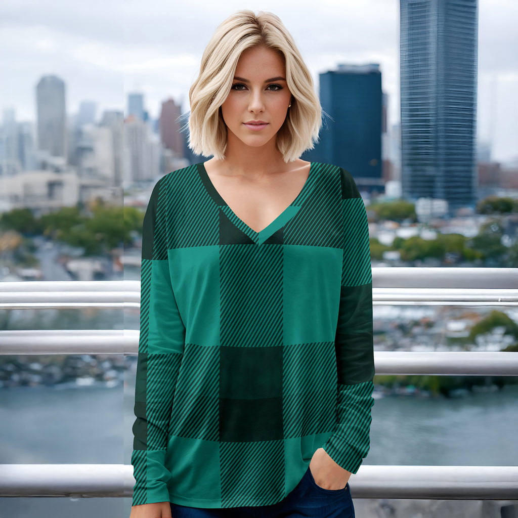 Long Sleeve V Neck Top - Plaid