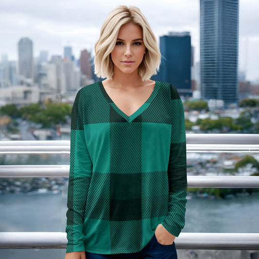 Long Sleeve V Neck Top - Plaid