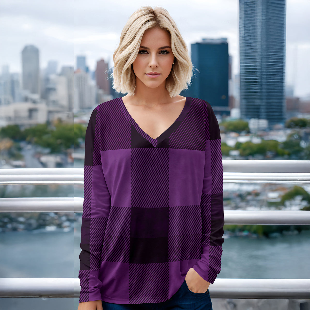 Long Sleeve V Neck Top - Plaid