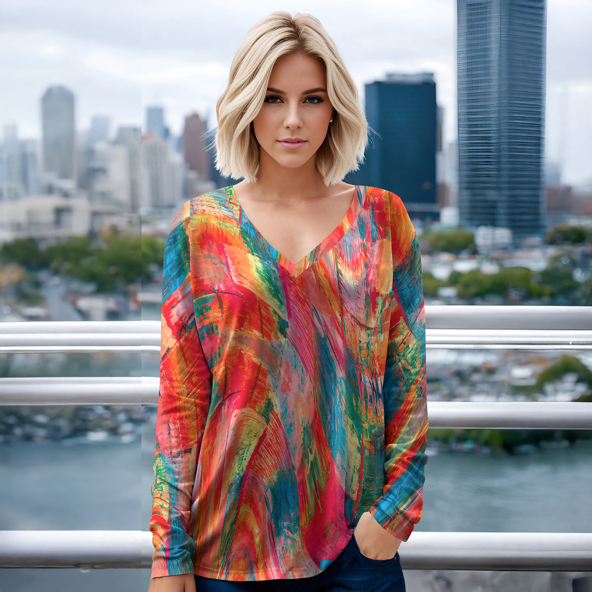 Long Sleeve V Neck Top - Abstract