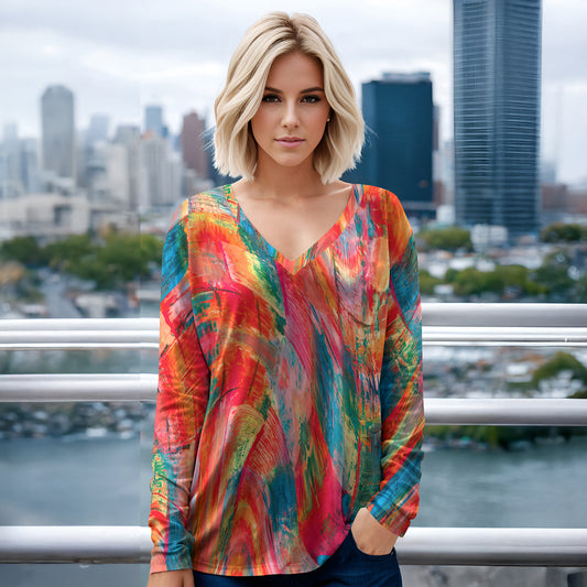 Long Sleeve V Neck Top - Abstract