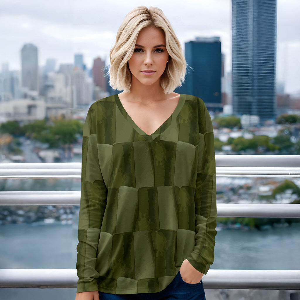 Long Sleeve V Neck Top - Abstract