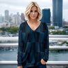 Long Sleeve V Neck Top - Abstract