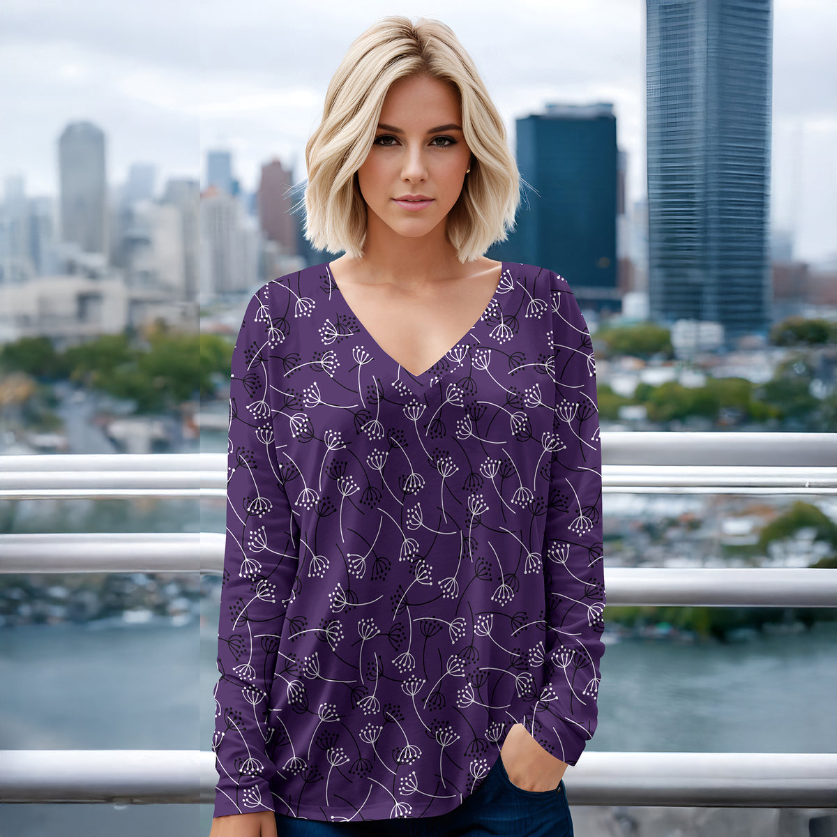 Long Sleeve V Neck Top - Floral