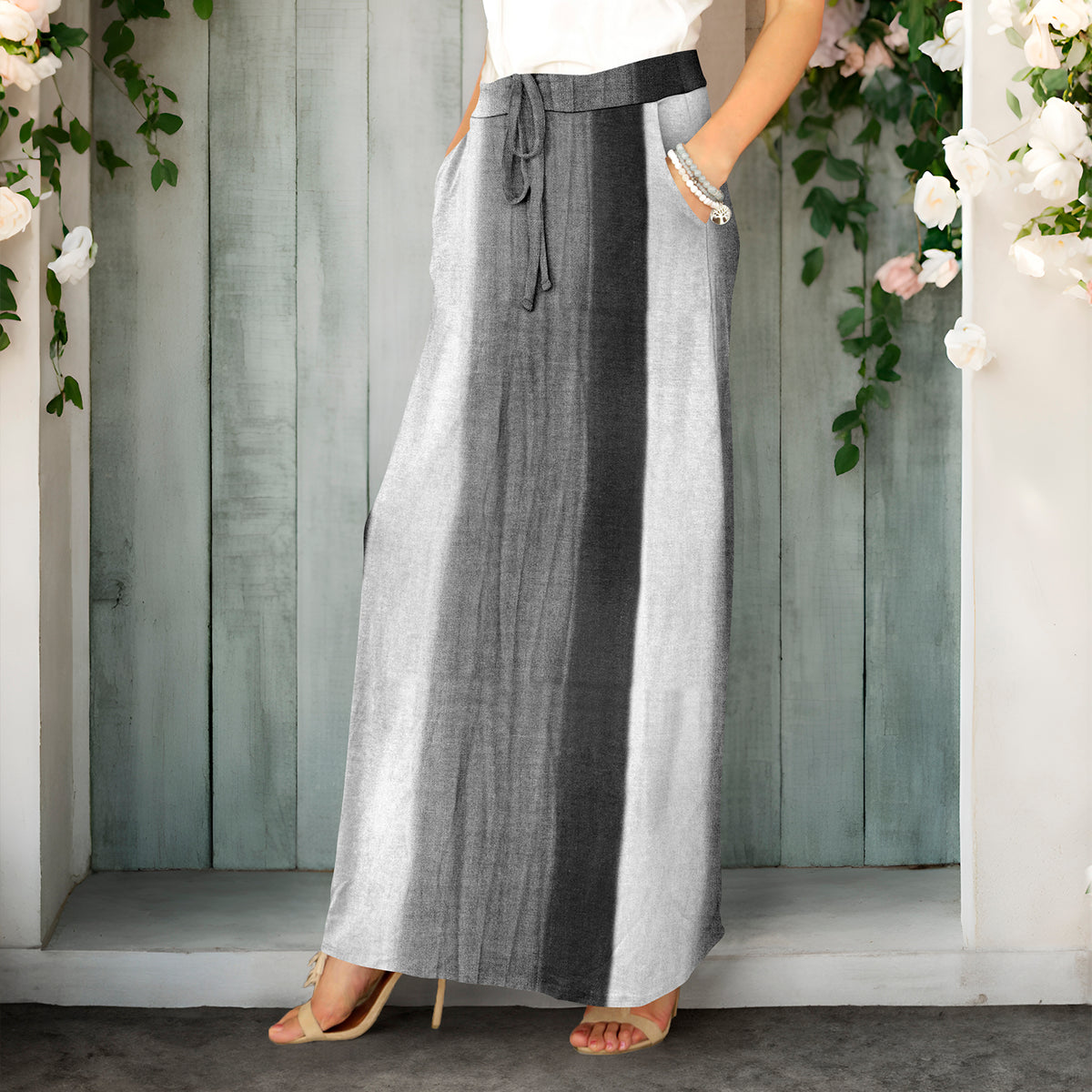 Drawstring Maxi Skirt with Side Pockets - Stripe