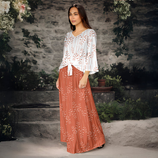 2 Piece Set - Front Tie Three Quarter Sleeve Top and Maxi Skirt - Floral