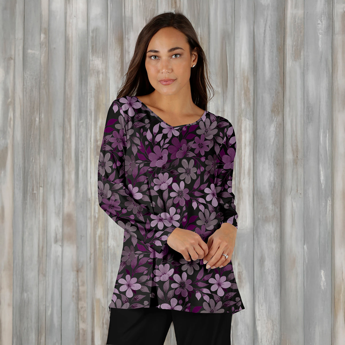 Long Sleeve V Neck Tunic - Floral