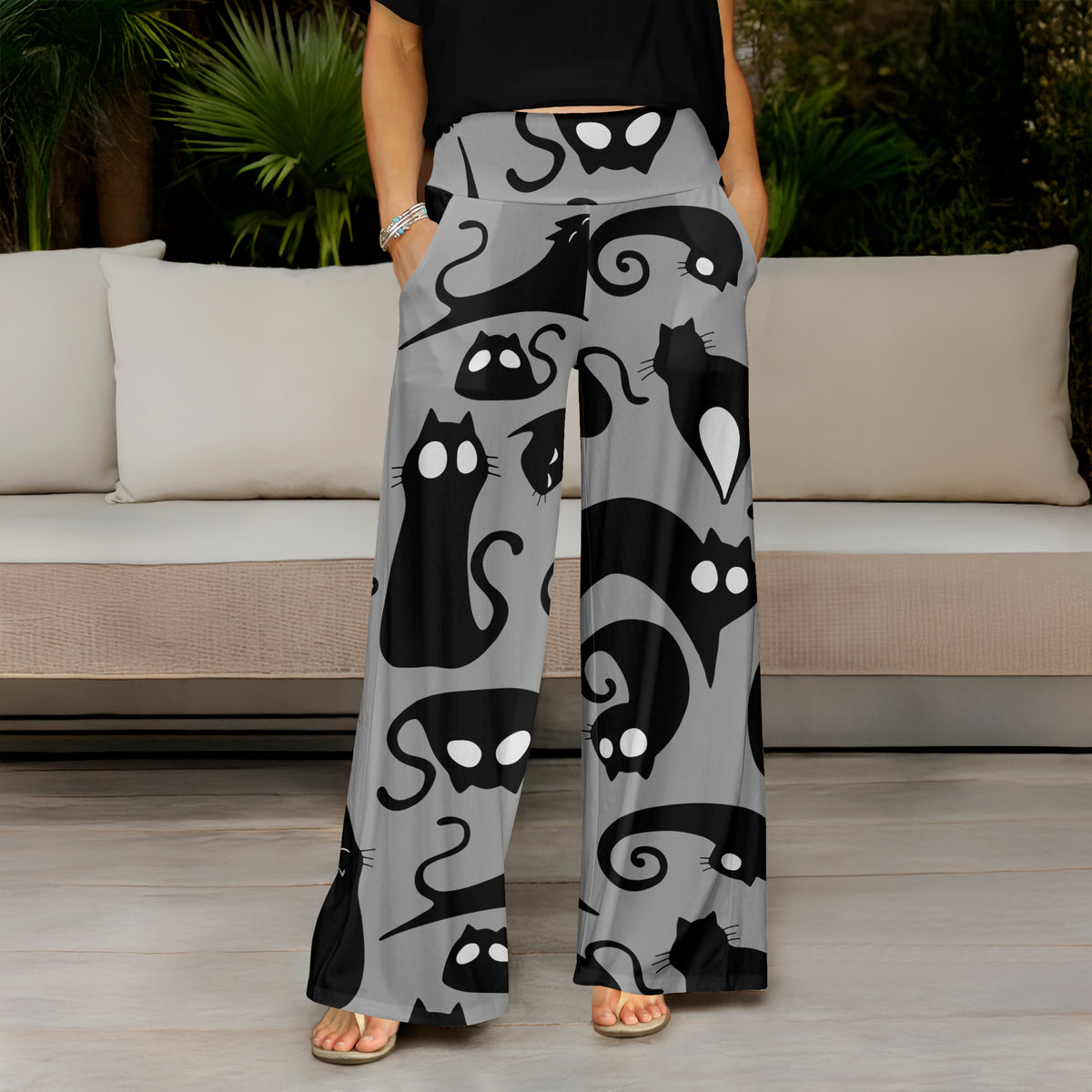 Wide Leg Pants with Pockets - Black Cats