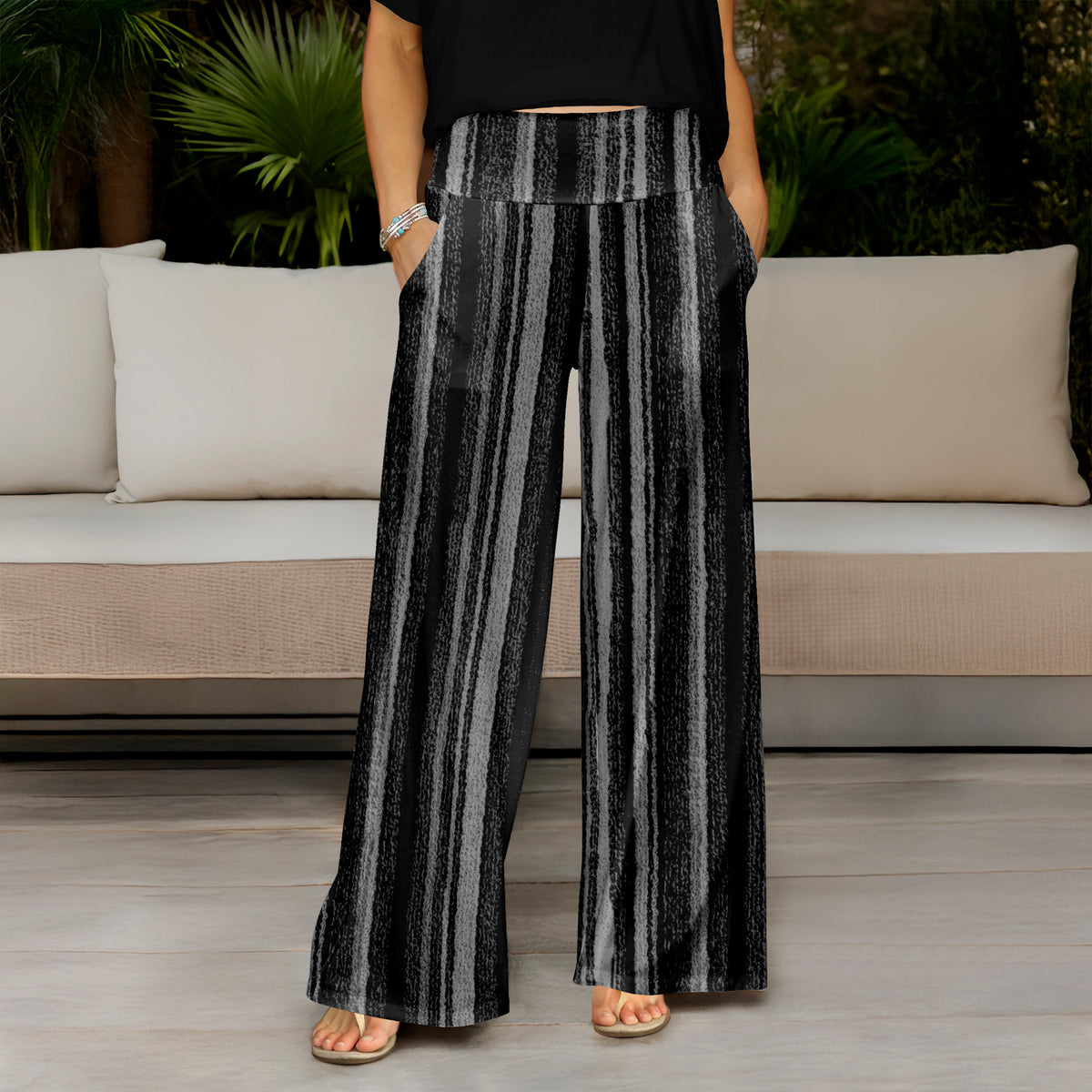 Wide Leg Pants with Pockets - Striped
