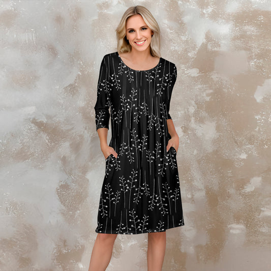 Three Quarter Sleeve Pleated Dress with Pockets - Floral