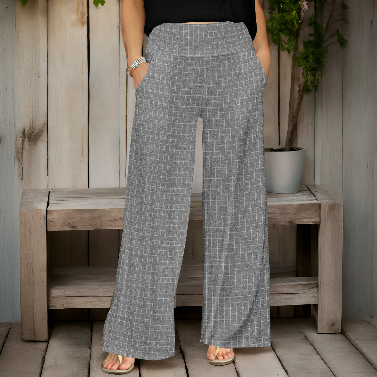 Wide Leg Pants with Pockets - Grids