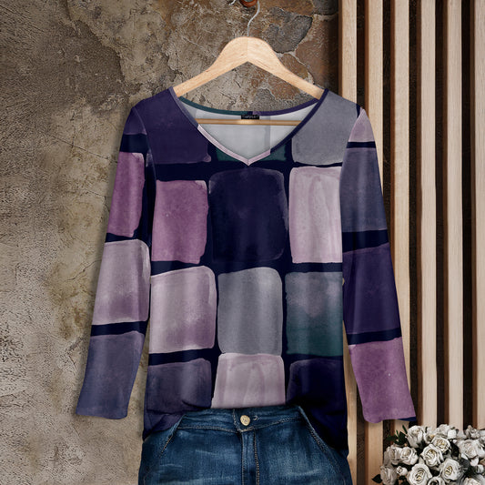 Long Sleeve V Neck Tunic - Abstract Geometric